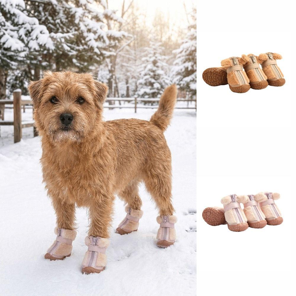 4 PCS/SET Thickened Winter Dog Snow Boots Plush Lined Anti-Slip Dog Shoes Dog Cotton Shoes Walking