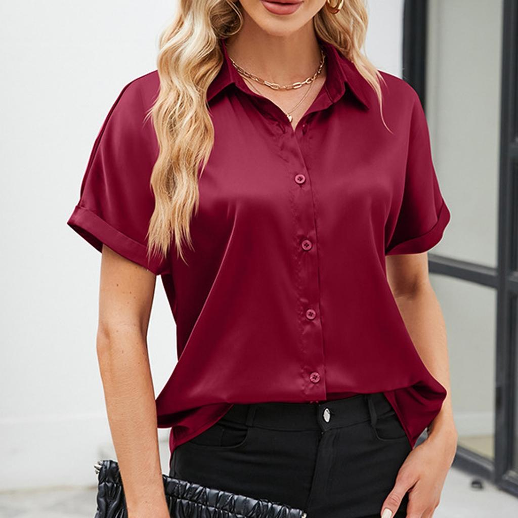 Silk Blouse For Women Short Sleeve Satin Button Down Shirts Casual Loose V-Neck Business Work Tunic Top