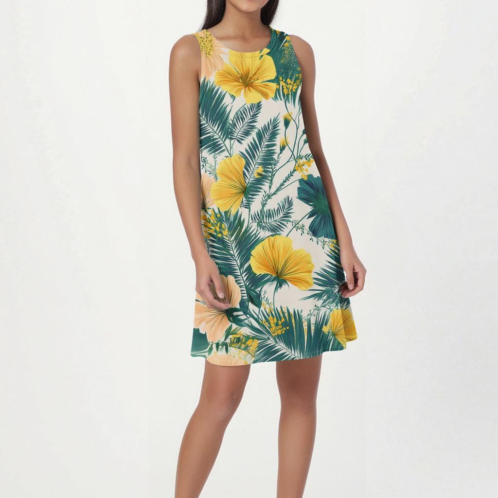 Women's Fashion Beach Dress Sleeveless Round Neck Floral Print Dress