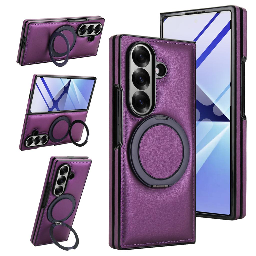 Suitable for Samsung Zfold7 6 5 Leather Pattern 360 Rotating Bracket Mobile Phone Case with Tempered Film Full Cover Anti Fall Shell