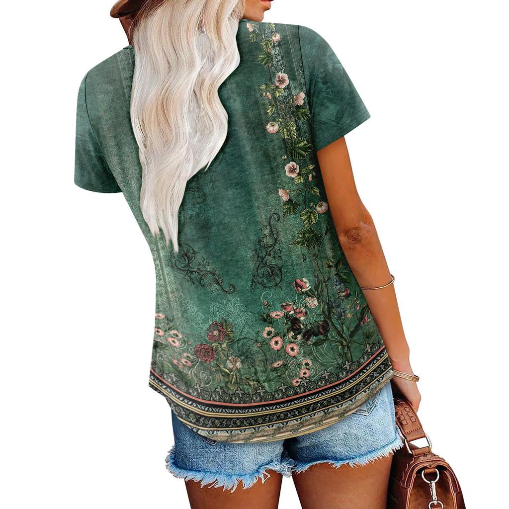 Womens Flowy Tunic Tops Short Sleeve Shirts Round Neck Ladies Blouses Summer Fashon