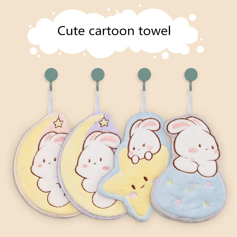 Cute Rabbit Pattern Hand Towel Soft Hanging Towels Absorbent Coral Fleece Towel Kitchen Bathroom Double-Thickness Hand Towel