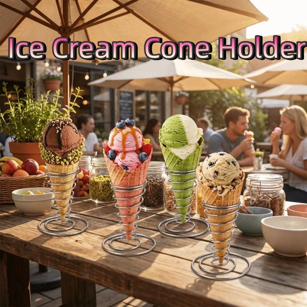 Porta cono gelato in acciaio inossidabile Cestello metallico Molla conica Rastrelliera per gelato Decorativo Antiruggine Espositore per waffle
