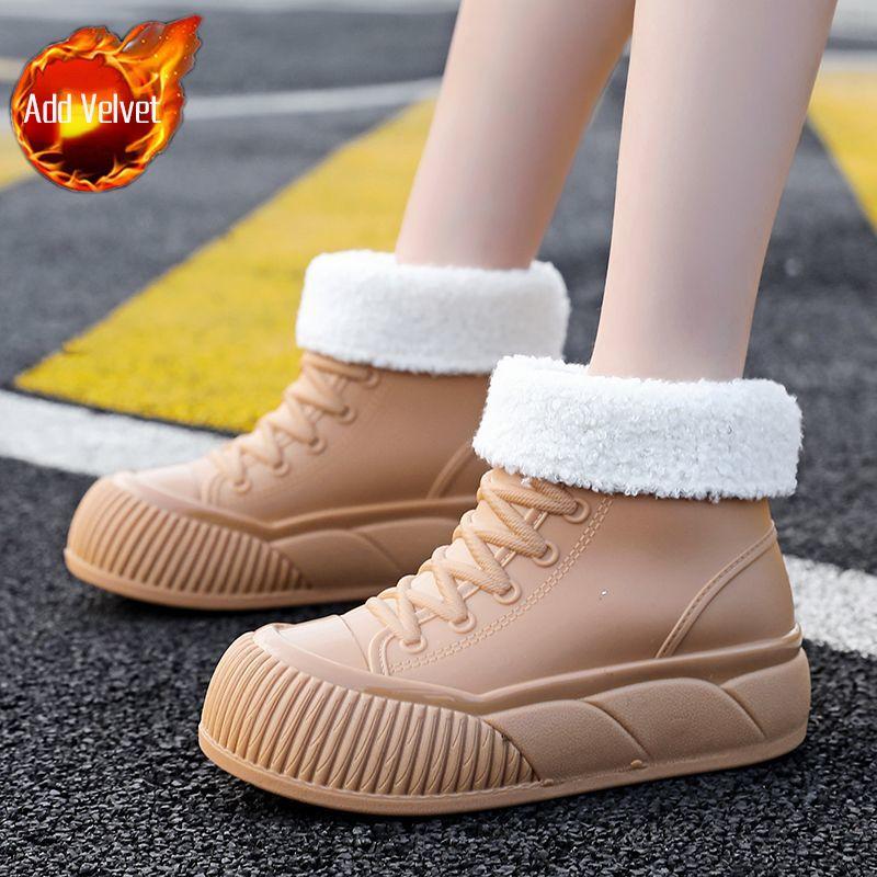 Women's Thick Soled Fur Lined Anti Slip Rain Boots, Short Tube Casual Shoes, Cute Design for Students, Waterproof Shoes