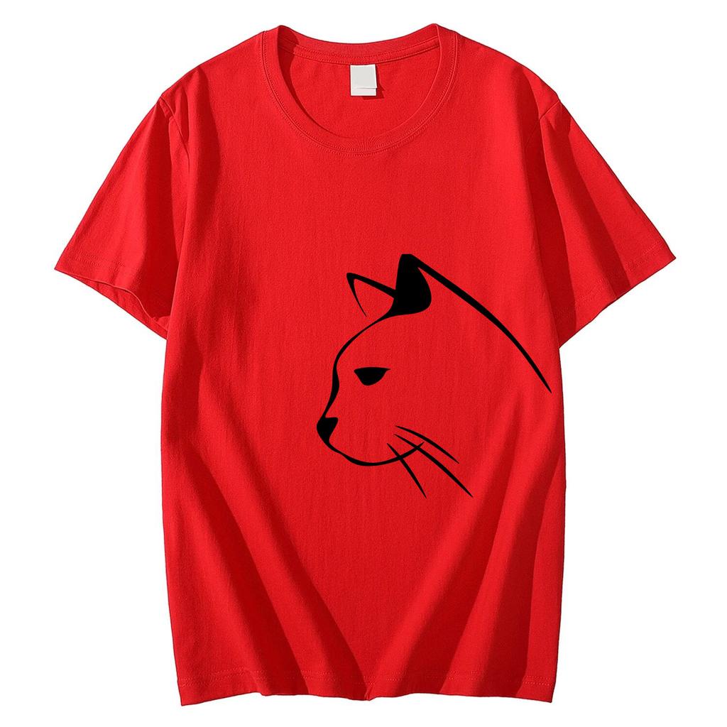 Letní bavlněné pánské a dámské tričko s krátkým rukávem a potiskem kočky, kulatý výstřih, měkké, elastické, prodyšné pánské tričko