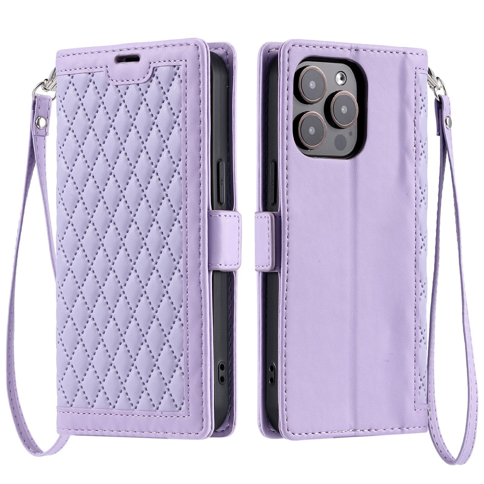 

For iPhone 16 Pro Max Leather Case Rhombus Texture Wallet Stand Phone Cover with Wrist Strap Purple