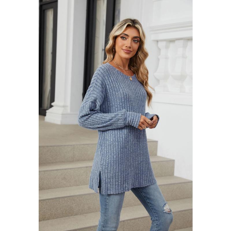 Herbst und Winter Damen Bluse Langarm Loose Rundhals Pit-Stripe Milled Tops