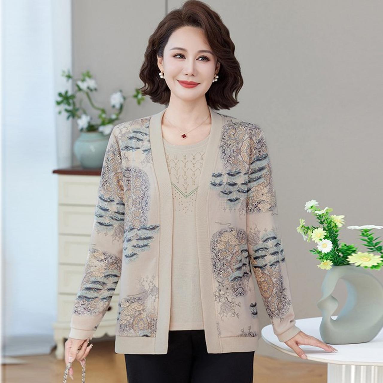 

Chic Spring & Autumn Women s Printed Suit - Stylish & Slimming Mother s Wear 5XL абрикосовый