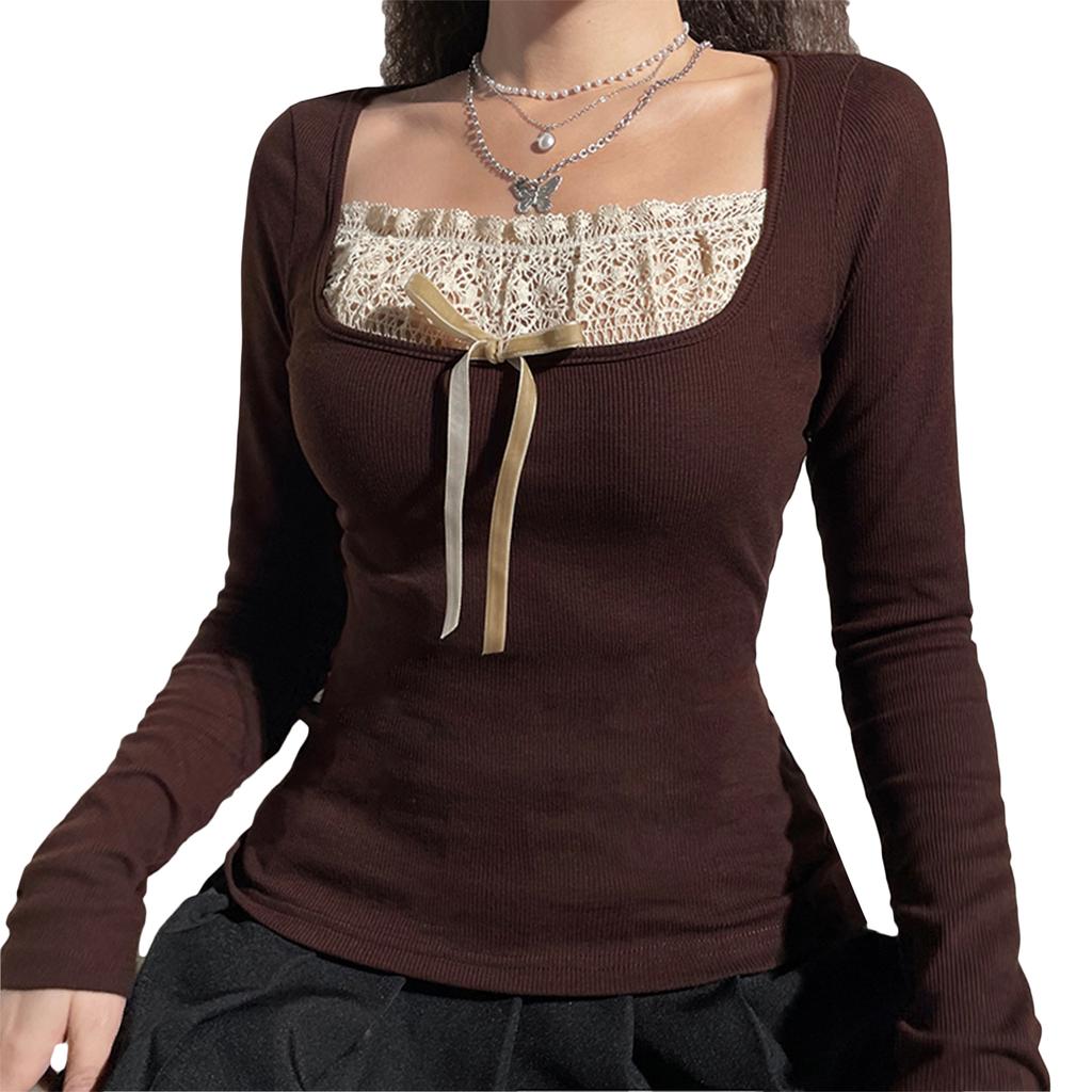 Women's Long Sleeve Knitted Tops, Lace Stitching Neckline Knitwear, Bowknot Decoration Slim-Fit Casual Pullover