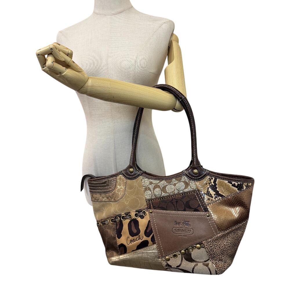 COACH 12899 Patchwork Canvas Python Tote Bag Brown Python Used