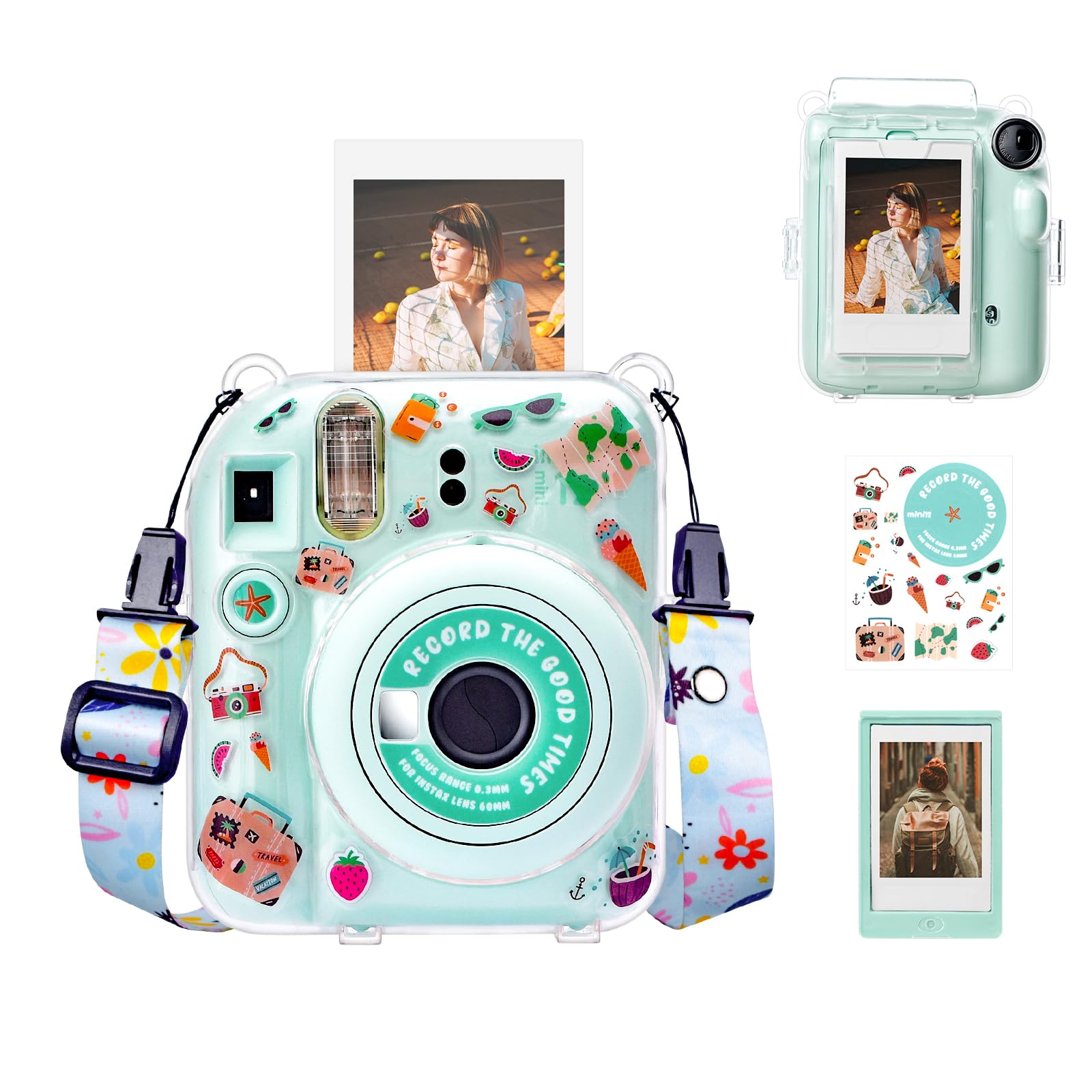 

HIYQIN instax mini 12 FUJIFLM instax mini dedicated camera case set Cheki 12 clear case with shoulder magnetic photo and sticker for Cheki 12 camera зелений