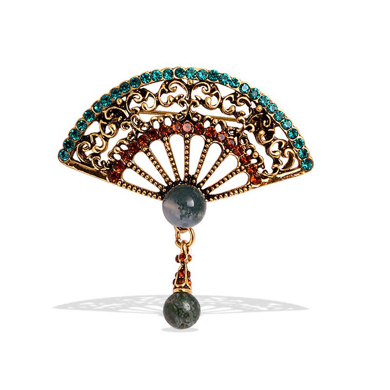 Chinese style ethnic rhinestone pearl retro fashion fan brooch cheongsam jacket accessories brooch pin