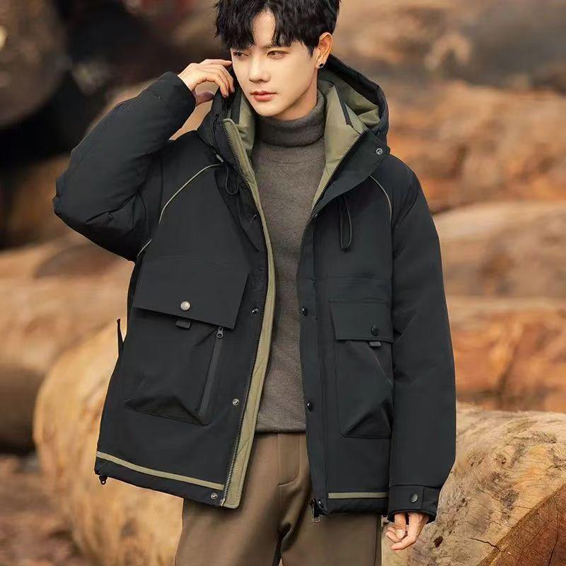 

Men s Winter Hooded Cotton-Padded Jacket - Color Block, Warm Slim Fit, Versatile Casual Korean Style Coat XL (Recommended 115-130 jin)