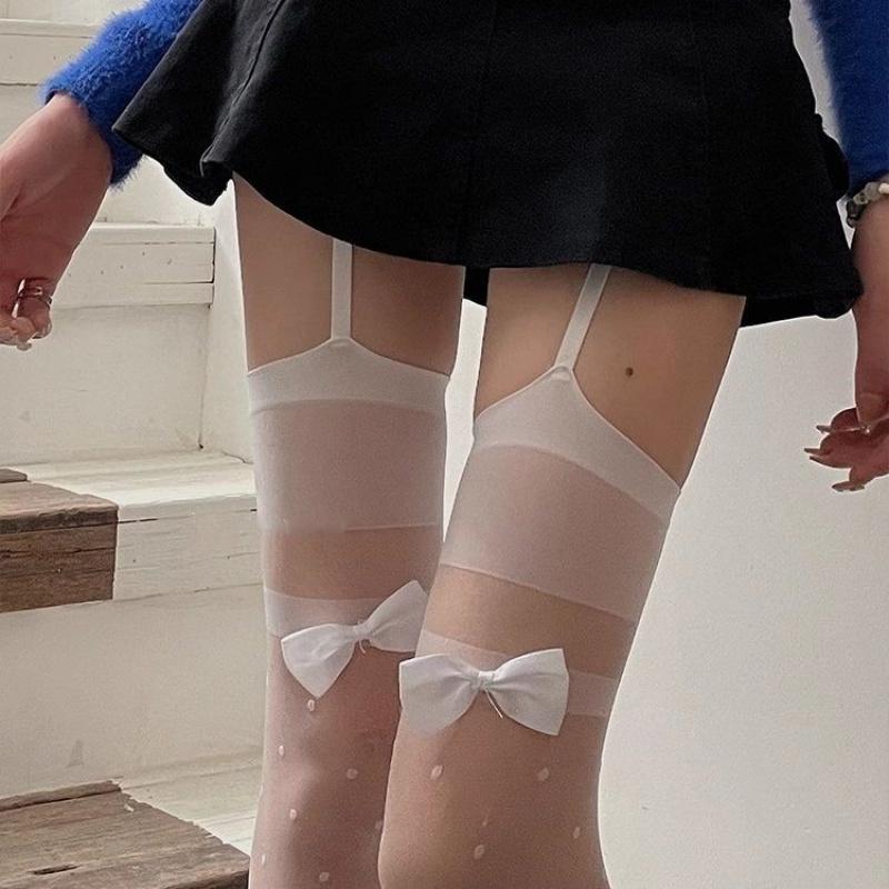 Garter Stockings Women Sexy Pure Desire Stockings Female High Stockings Polka Dot Bowknot Thigh Black Silk Garter One-piece Pant