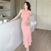 Summer Senior Sense Crew-neck Striped Color Contrast Patchwork Bag Hip Slimming Knit Dress