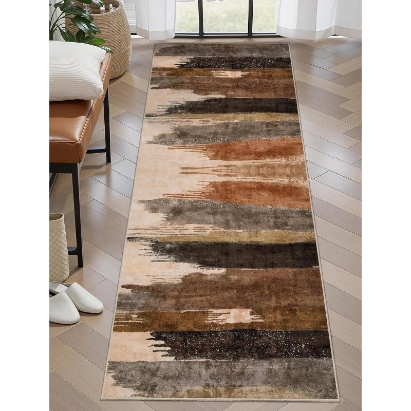 Covor Runner cu Dungi Colorate Textură Artistică Covor cu Pensulație Modern Abstract Covoraș Antiderapant pentru Hol Living Dormitor