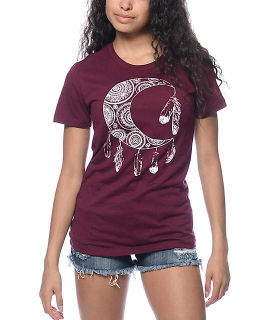 Empyre Womens Feather Moon Burgandy T-Shirt New Medium 4XL