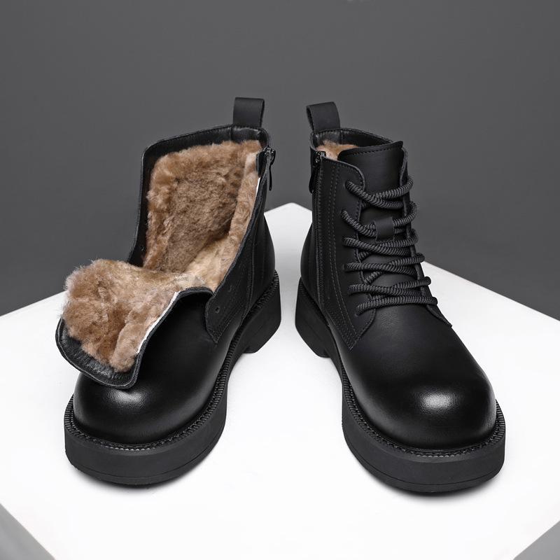 Winter Genuine Leather Wool Martin Boots - High-Top, Warm Snow Boots with Fur, Perfect for Cold Weather.