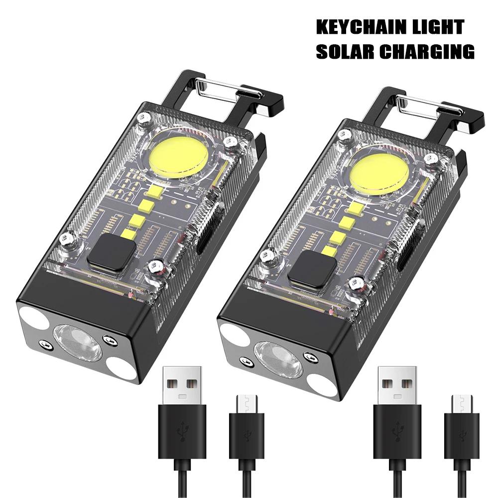 Mini EDC Solar LED Flashlight Portable Multifunctional Keychain Torch USB Rechargeable COB Camping Lantern with Strong Magnetic