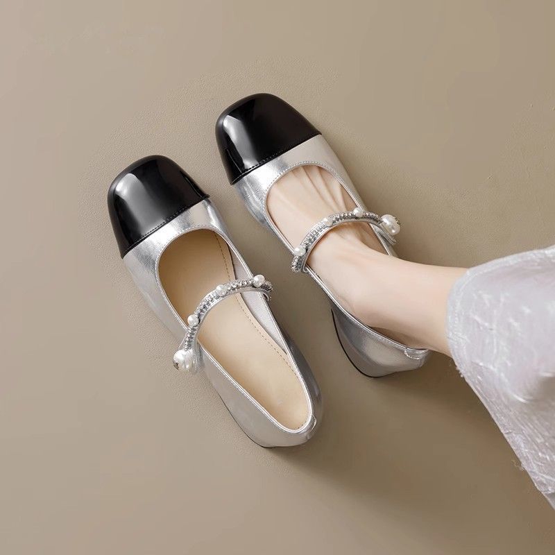 Increase the height of Mary Jane's small leather shoes to show the legs, spring and autumn niche design, pearl rectangular