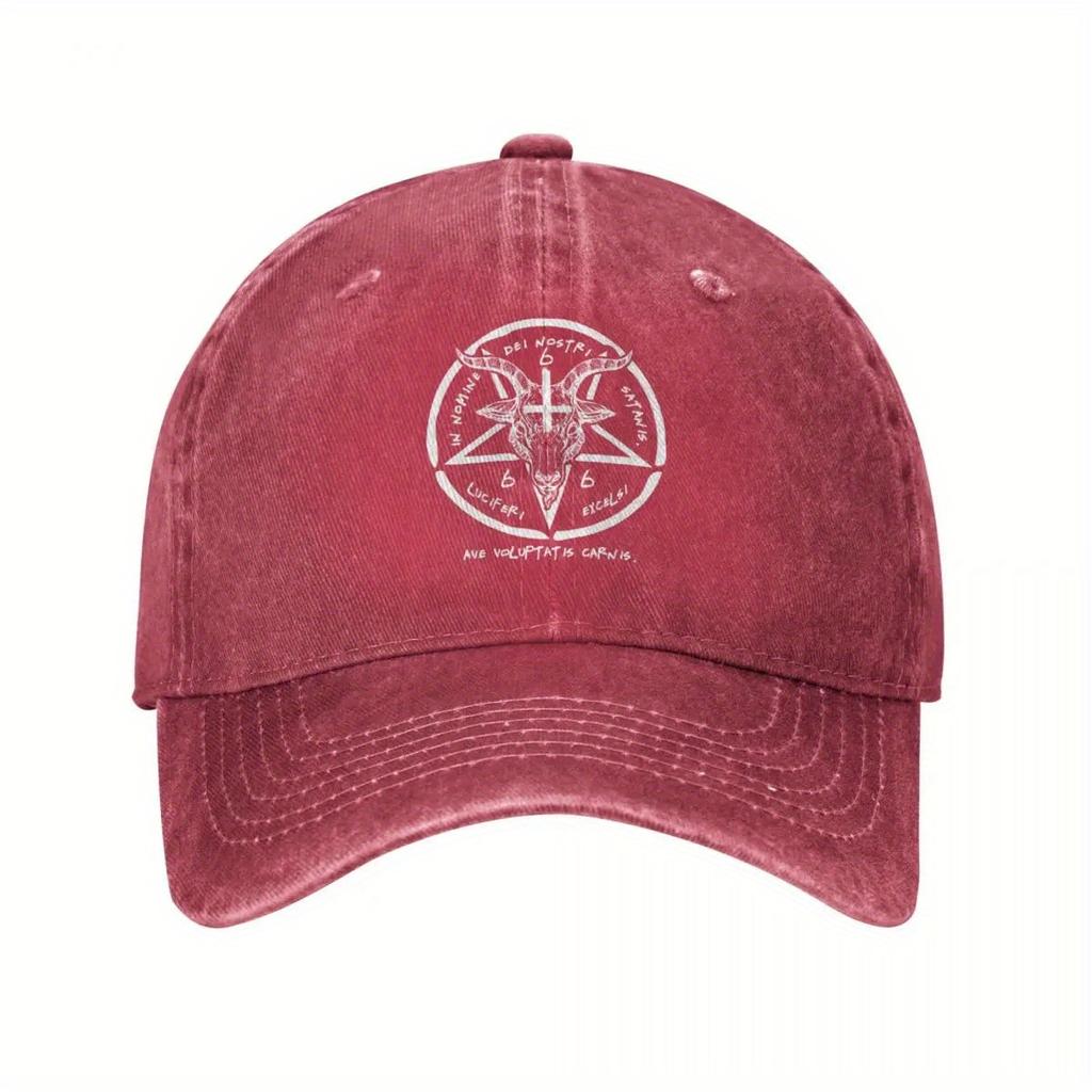 Baphomet Sigil Occult Baseball Cap Distressed Denim Adjustable Casual Hat Unisex Streetwear Headwear