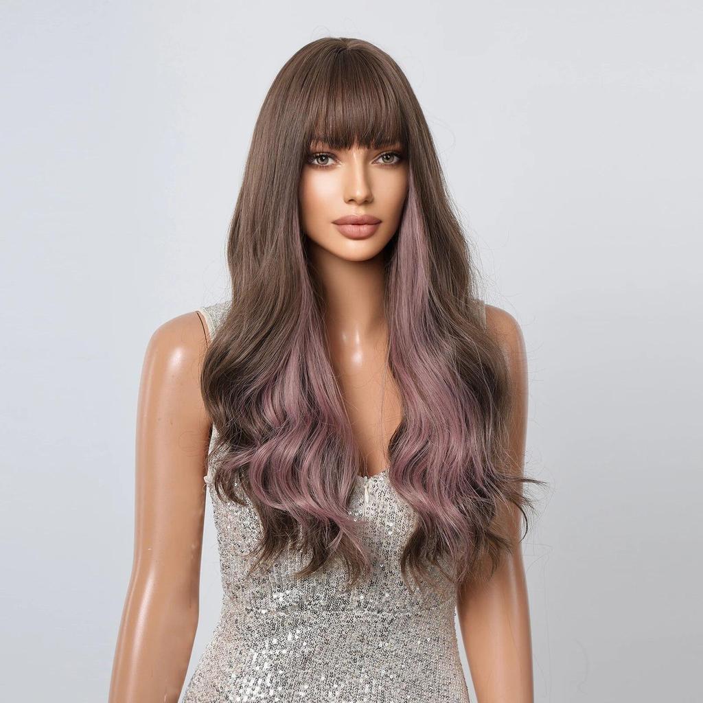 ALAN EATON Brown Synthetic Wig with Purple Highlights Colored Cosplay Party Hair Long Wavy Wigs with Bangs Heat Resistant Fiber