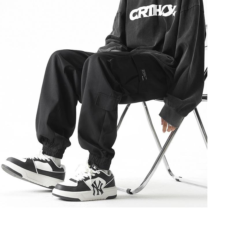 Casual Pants Men's Spring and Autumn Loose Tied Feet Versatile Tooling Large Size Thin More Pockets Elastic Waist Solid Color Cyan