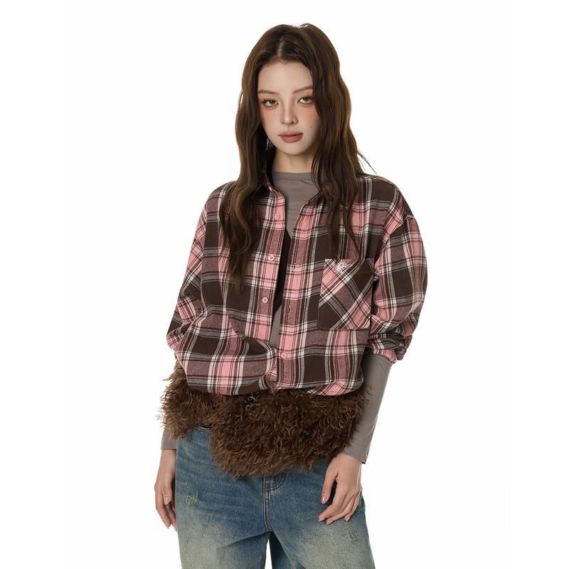 GROUND ZERO Unisex Letter Print Plaid Color-block Loose Shirt