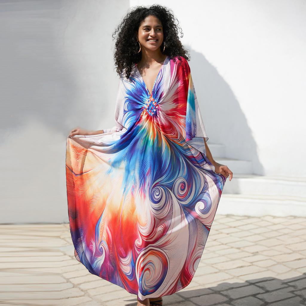 Strand Kaftan Kleider Damen Handgefertigt Gewebte Dekoration Cover Ups für Badebekleidung Schmetterling Bedruckte Maxi Robe Heißer Verkauf