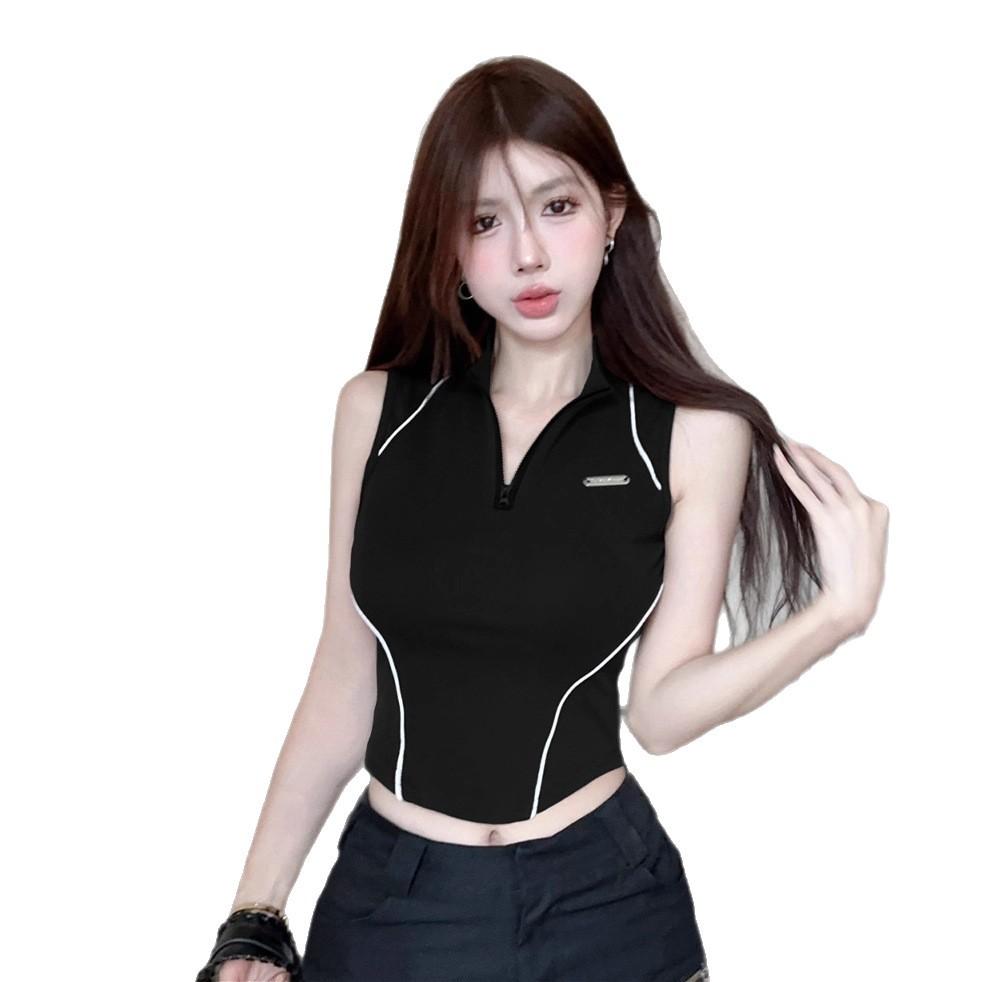 Sports Half Zipper Bottom Vest Women's Outer Wear Small Suspender Lines Spice Girl Skinny High Waist Sleeveless Top