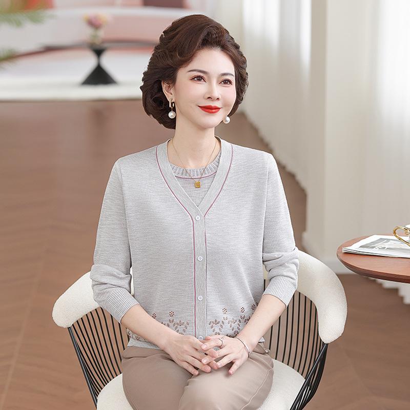 

Spring 2026 Elegant Chinese-Style Knitted Two-Piece Cardigan Set for Middle-Aged & Elderly Women XL (for 90-115 kg)