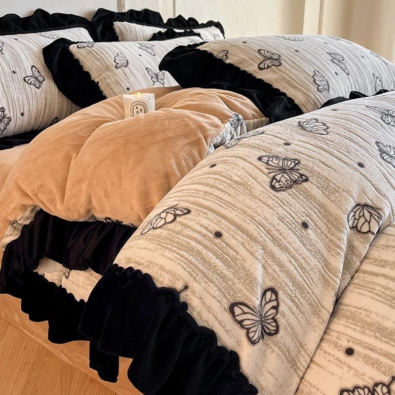 French Lace Thickened Milk Fleece Bed Four-Piece Set Double-Sided Fleece Quilt Cover Coral Fleece Princess Style Bed Sheet