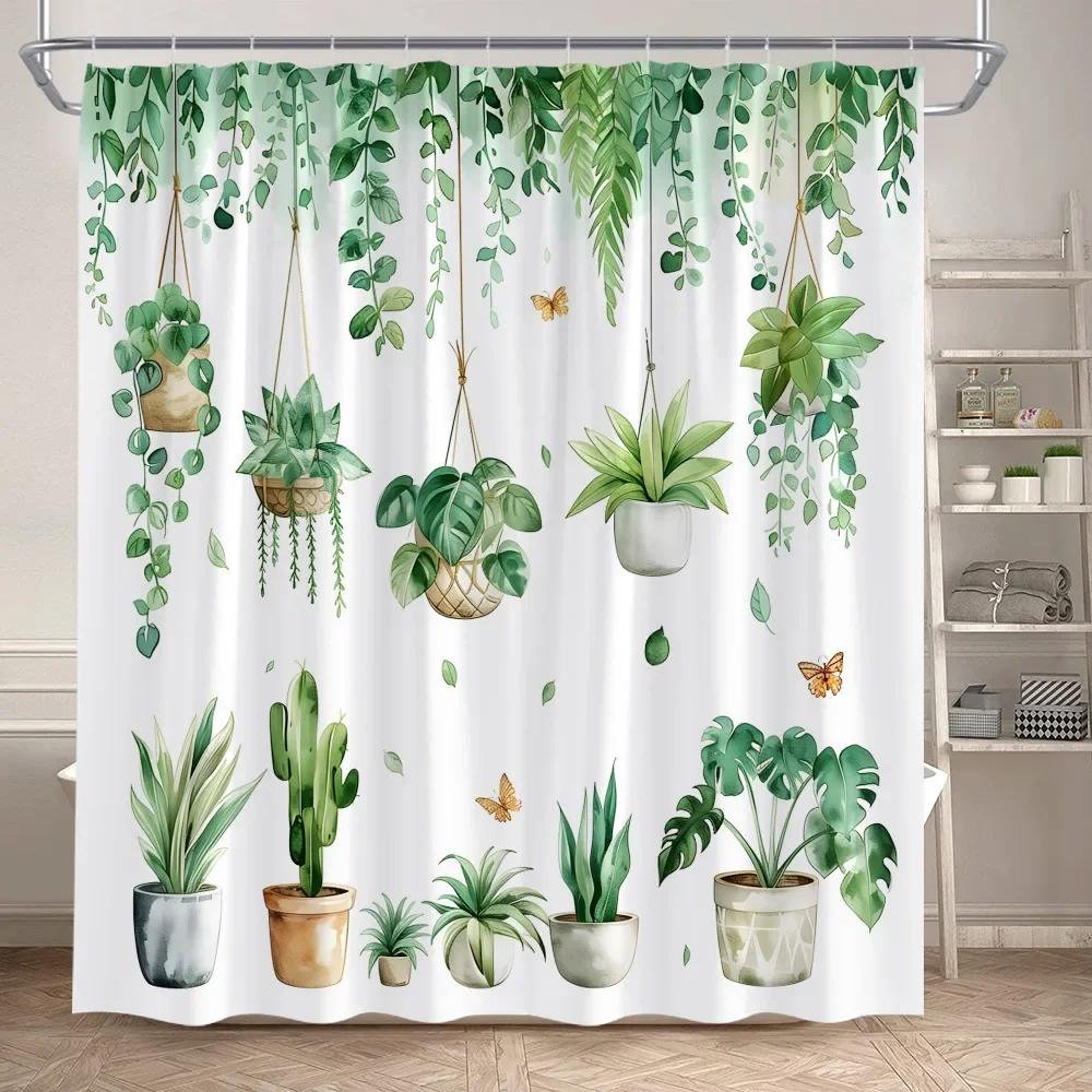 Green Plant Shower Curtains Watercolour Vine Leaves Butterfly Potted Plants Modern Polyester Fabric Home Bathroom Curtain Decor