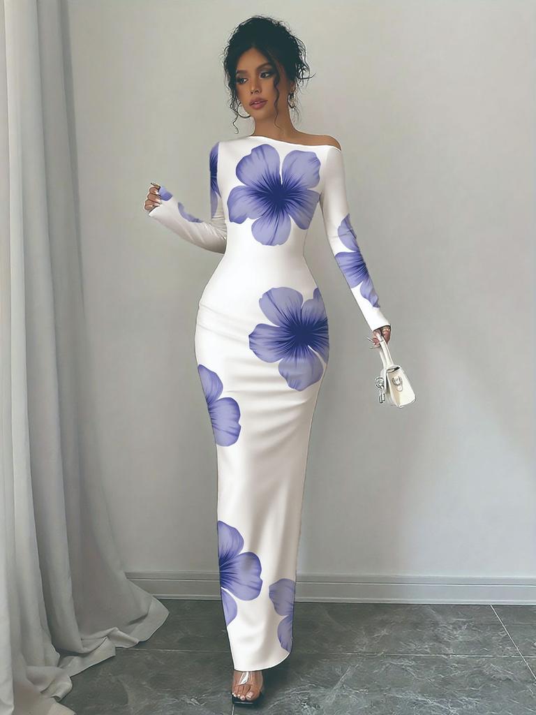Autumn New Printed Long Dress Elegant Slim Fit Long Sleeve Dress Women Ready