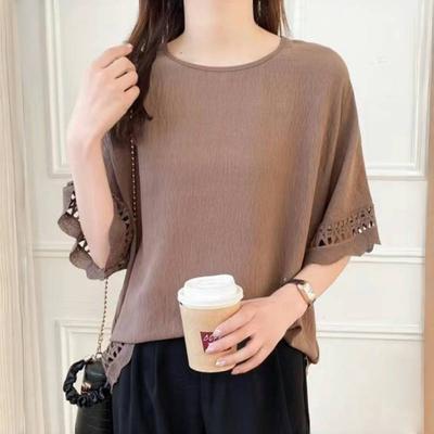 Damen Herbst Pullover Frühling Mode Spitze Häkeln Spleiß Halbarm Bluse Tops