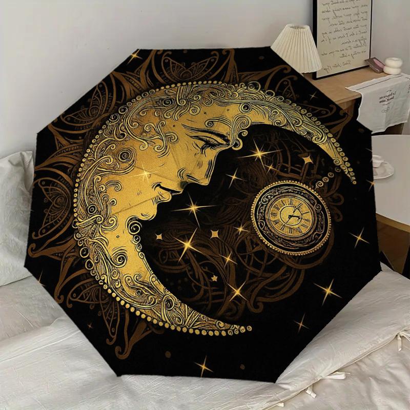 1PC Moon, Clock Pattern Small Travel Compact Windproof Umbrella, Automatic Folding Umbrella, Automatic Open/Close ,Gift-173