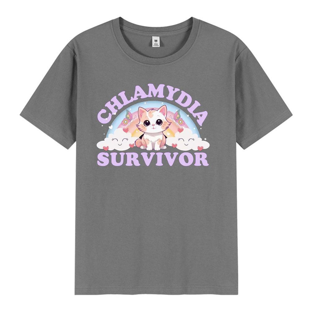 Chlamydien Überlebender T-Shirt Lustiges Katzen-Meme 100% Baumwolle T-Shirt Unisex Wounisex Locker Lässig Rundhals Unisex Einfache T-Shirts Übergroßes Oberteil