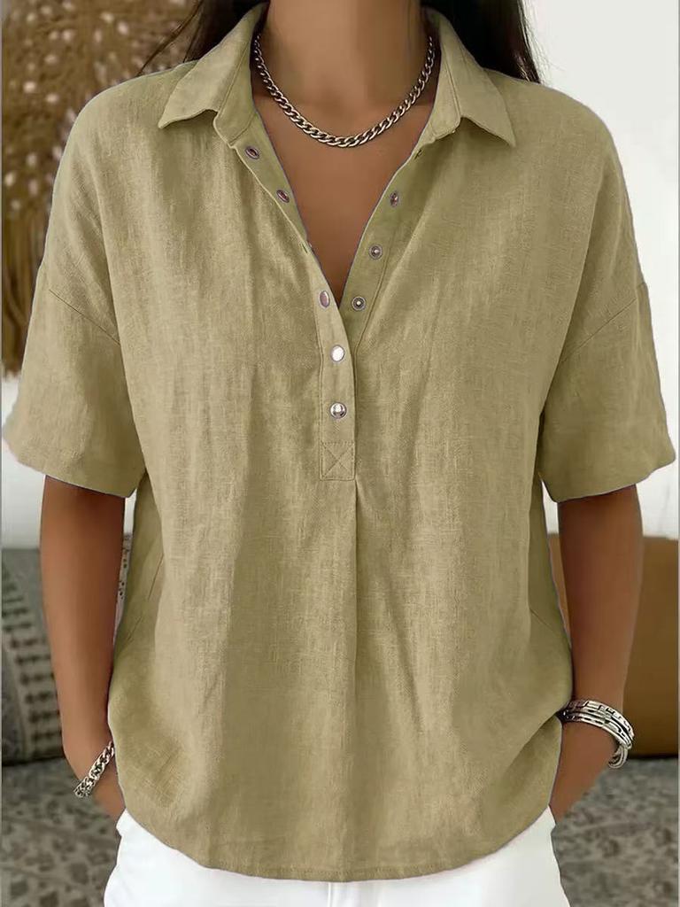 Women Loose Solid Color Lapel Short Sleeve Casual Shirt