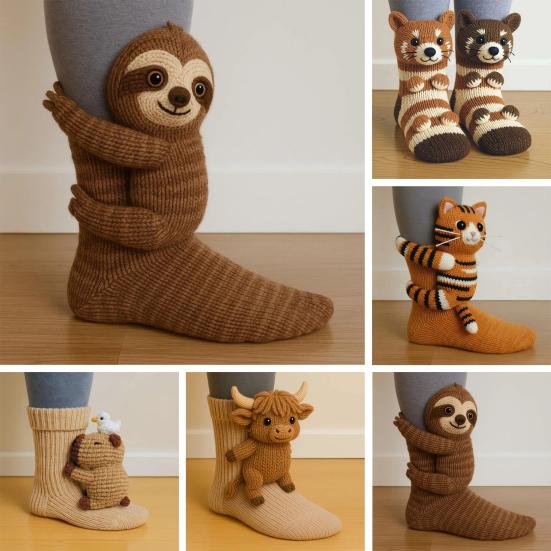 גרביים סרוגות תלת-ממדיות עם חיות, עבודת יד, עצלן, בובת פרה מההיילנד, גרבי צוות, חמודות, חמות, עבות, גרבי רצפה, מתנה ליום הולדת, לפסטיבל