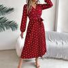 Langärmliges Damenkleid, V-Ausschnitt, gepunktetes Kleid mit Bindegürtel in der Taille, langes Plisseekleid für Büropartys und Verabredungen