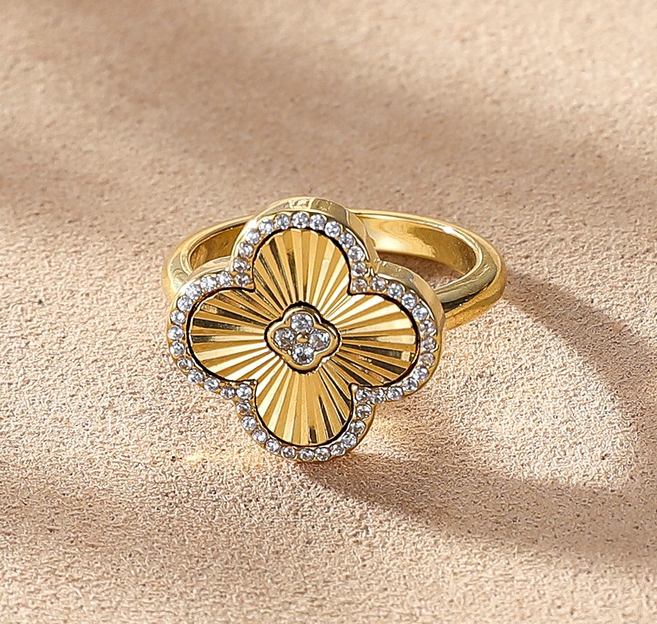Four-Leaf Clover Pavé Zircon Ring: High-End European  American Fashion Trend