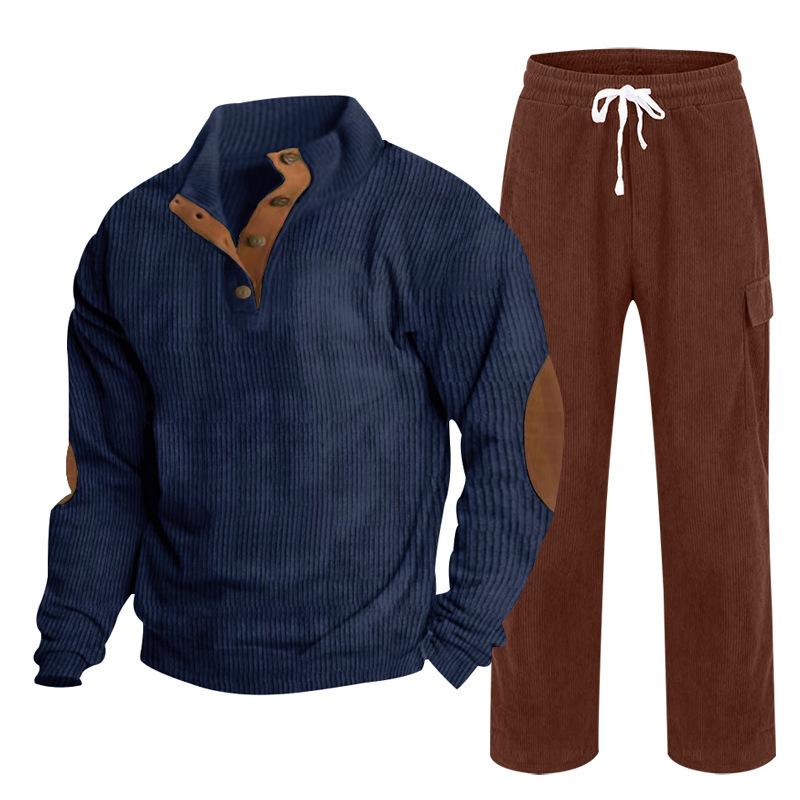 Herren Herbst/Winter Neuankömmling Sportbekleidung Zweiteiliges Set Cord Knopfleiste Henley Oberteil und Straight-Leg Hose Lässiges Ensemble