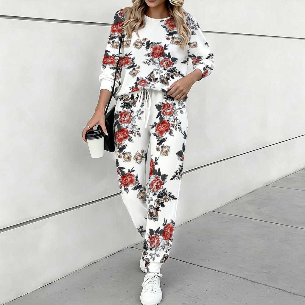 Women Floral Print Two Piece Outfit, Long Sleeve Crew Neck Top & Drawstring Jogger Pants Casual Tracksuit for Spring Autumn