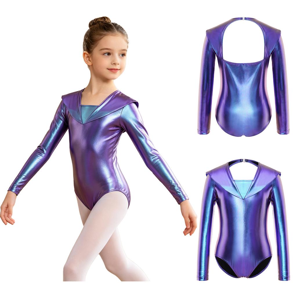 Kids Halloween Alien Leotard Metallic Long Sleeve Cutout Back Bodysuit for Dance Gymnastics Theme Party Performance