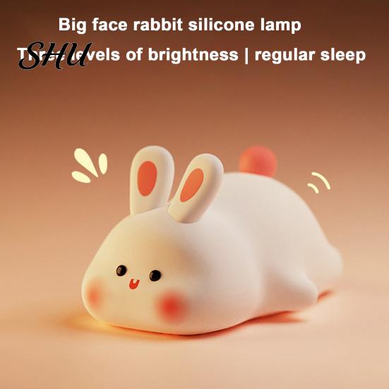 Kid Room Night Light Silicone Big Face Rabbit Tap USB Rechargeable Convenient Charging with Dimmable Timer Soft Eye-Protective LED for Sleeping