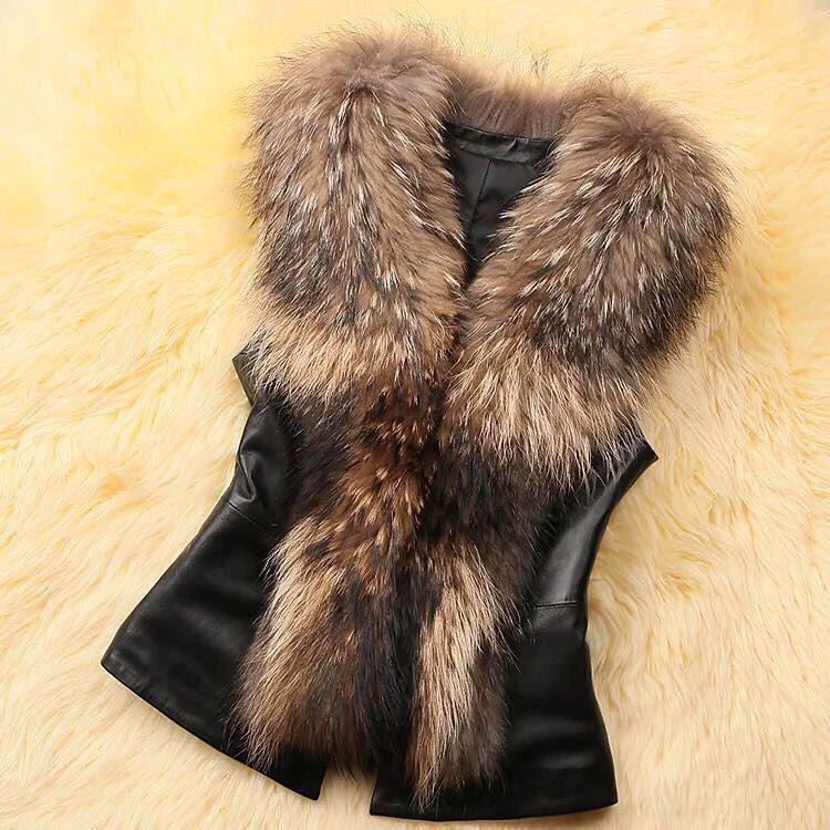 Women's Raccoon Fur Collar Short Slim Fit Faux Fur Vest, Sizes S-4XL, Autumn/Winter Clothing