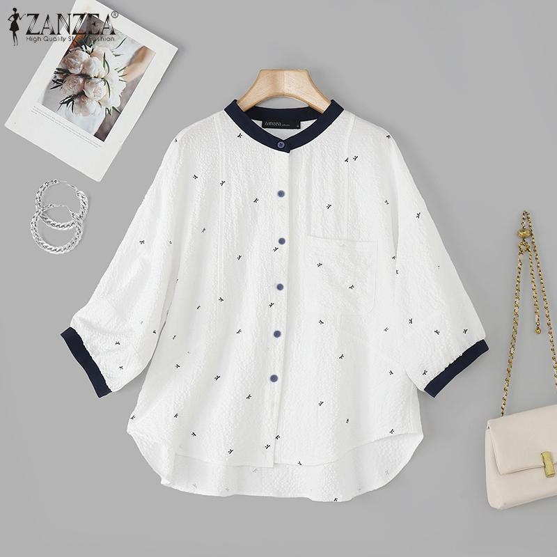 ZANZEA Women Casual Round Neck Summer 3/4 Sleeve Loose Print Blouse