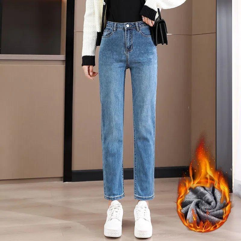 Jeans women's winter high waist pear shape body nine points fleece thickened cigarette pipe