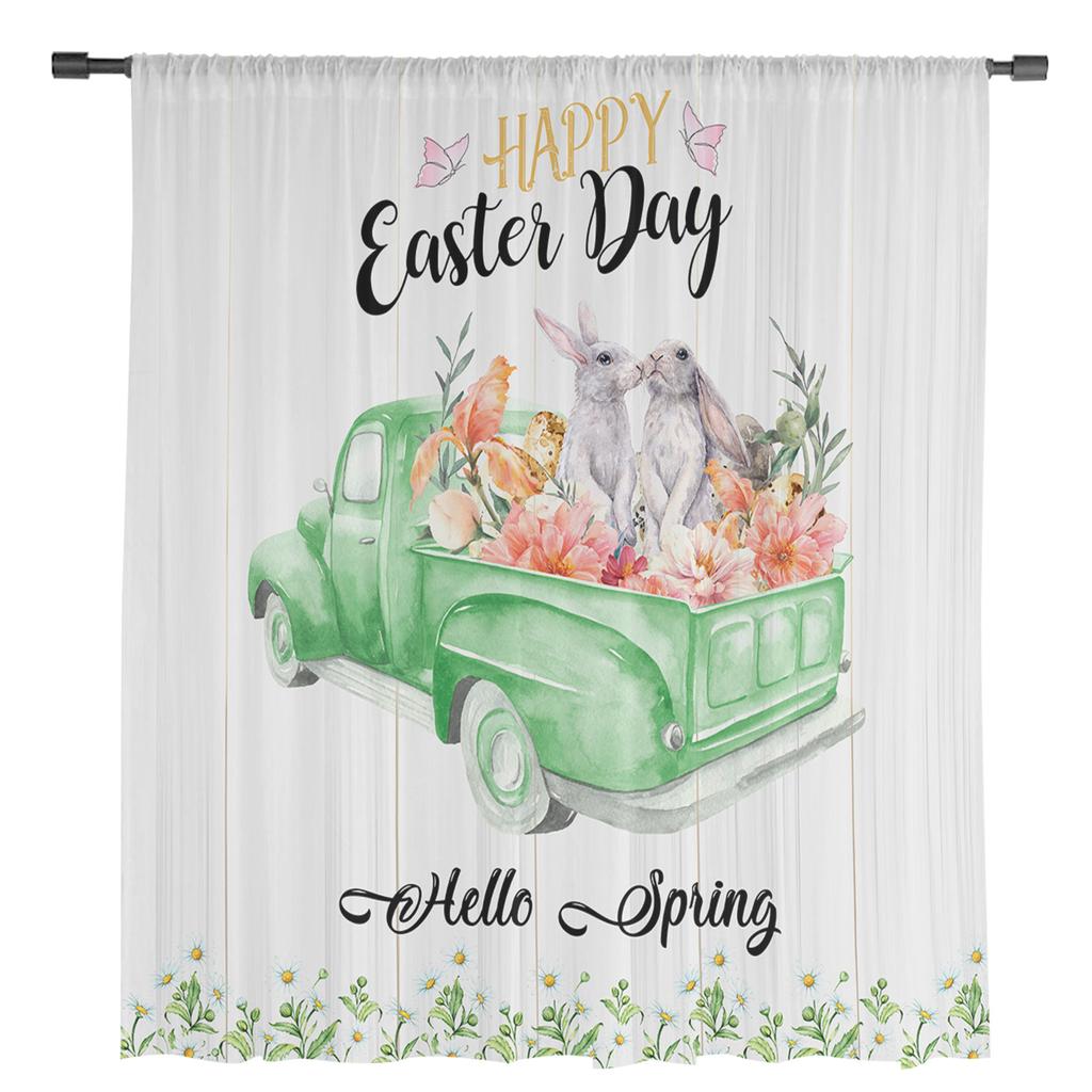 Camion Iepuraș de Paște Flori Margarete Perdele Tulle Pentru Living Bucătărie Perdea Voal Transparent Panouri Fereastră Dormitor