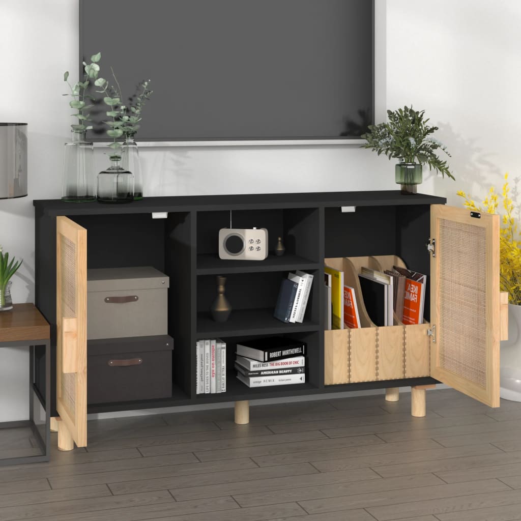 Sideboard Black 105x30x60 cm Solid Pine Wood Natural Rattan